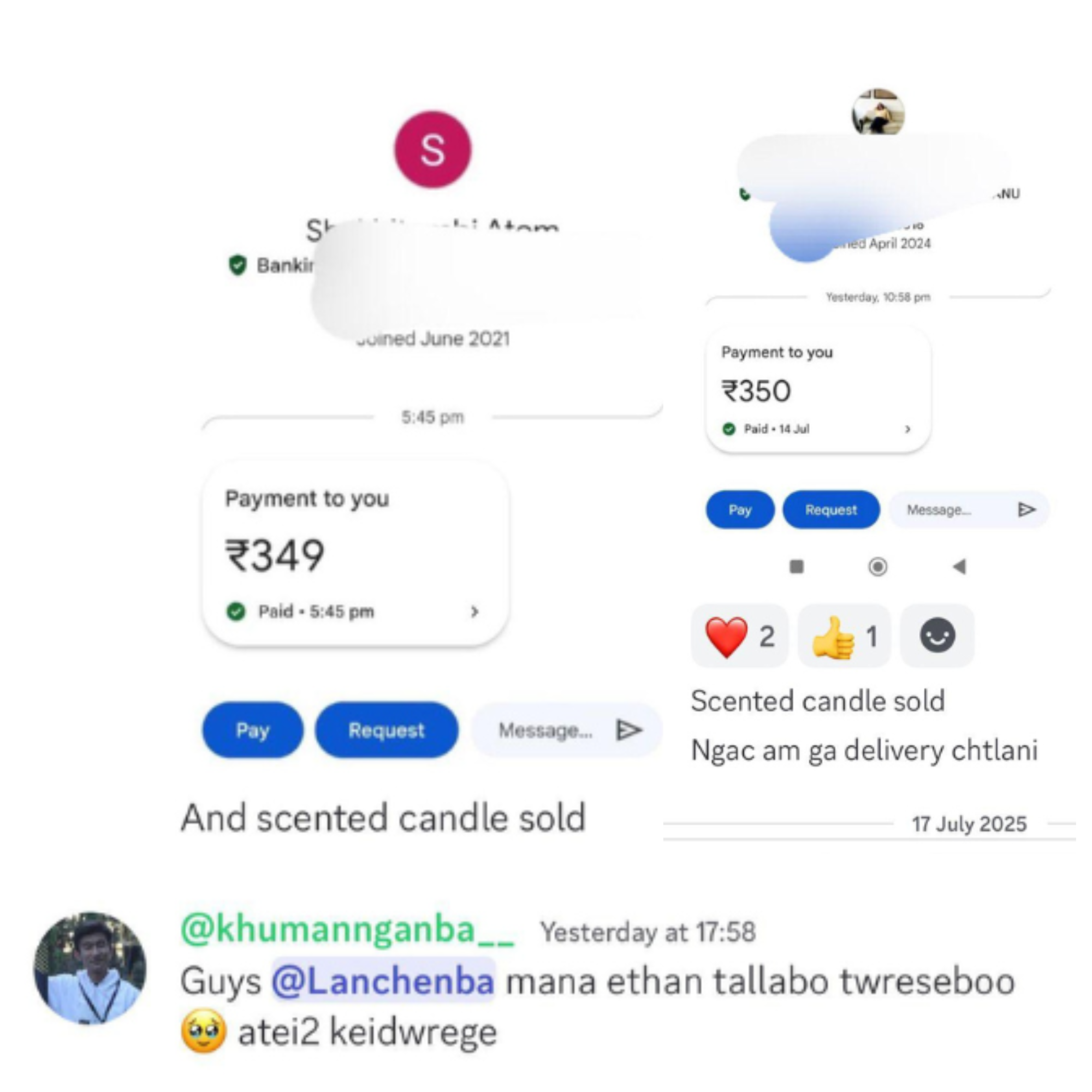 Chat messages showing paid payments for scented candle sales