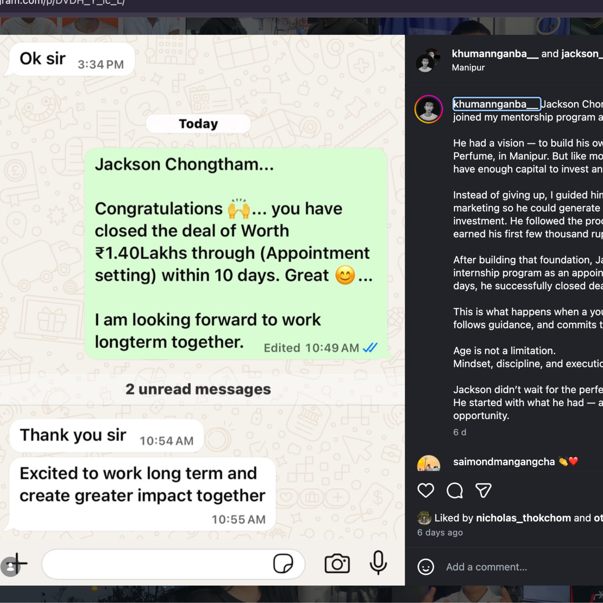 Message congratulating a trainee on closing a ₹1.40 lakh deal