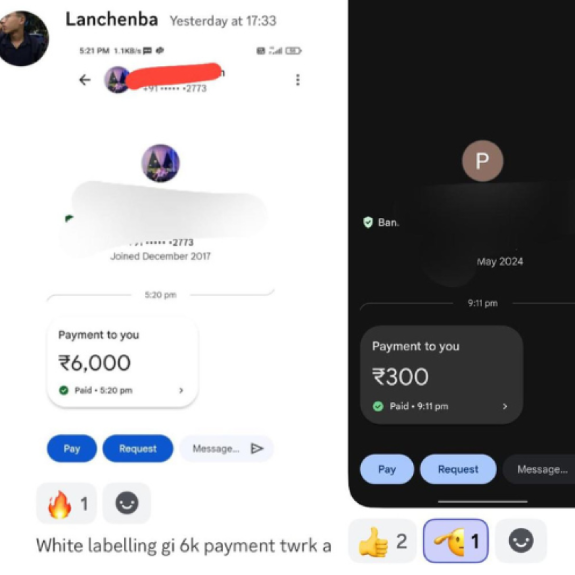 WhatsApp payment message showing ₹6,000 paid