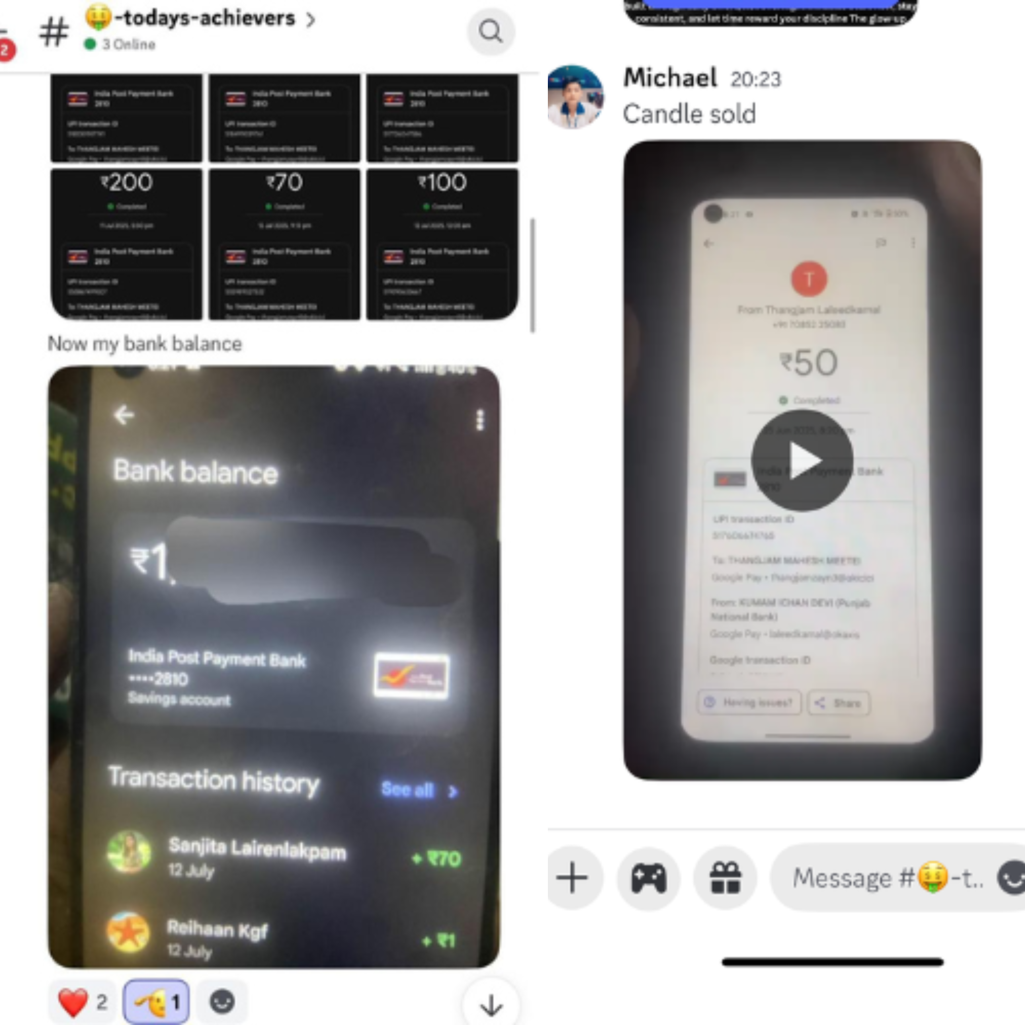 Community channel posts showing daily UPI sales and bank balance