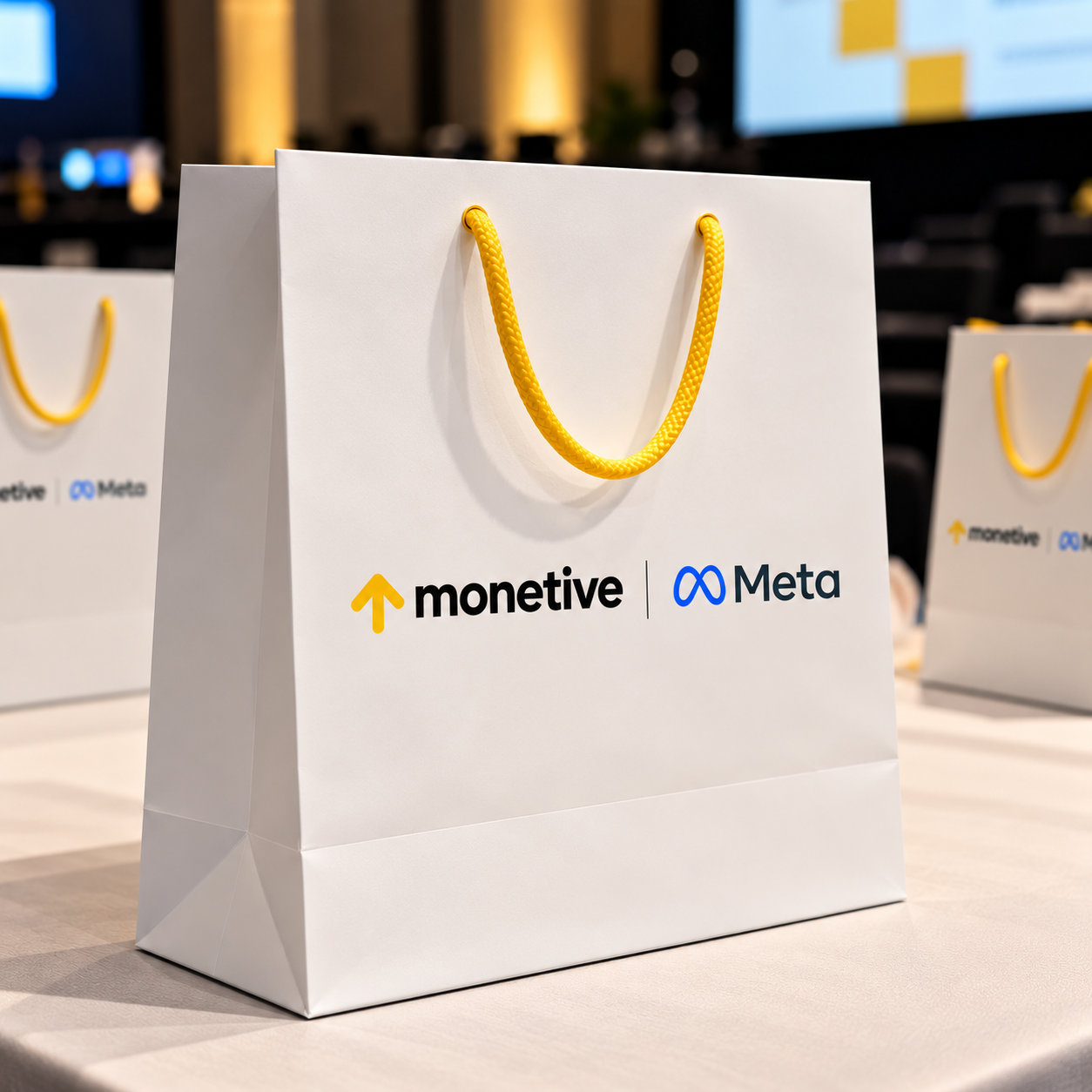 Monetive and Meta branded gift bag with yellow handles, photographed at the event hall