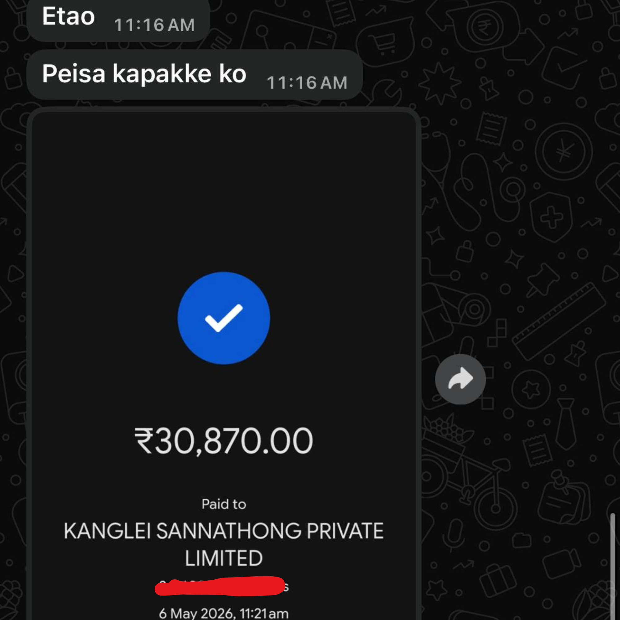 Payment confirmation showing ₹30,870 paid to Kanglei Sannathong