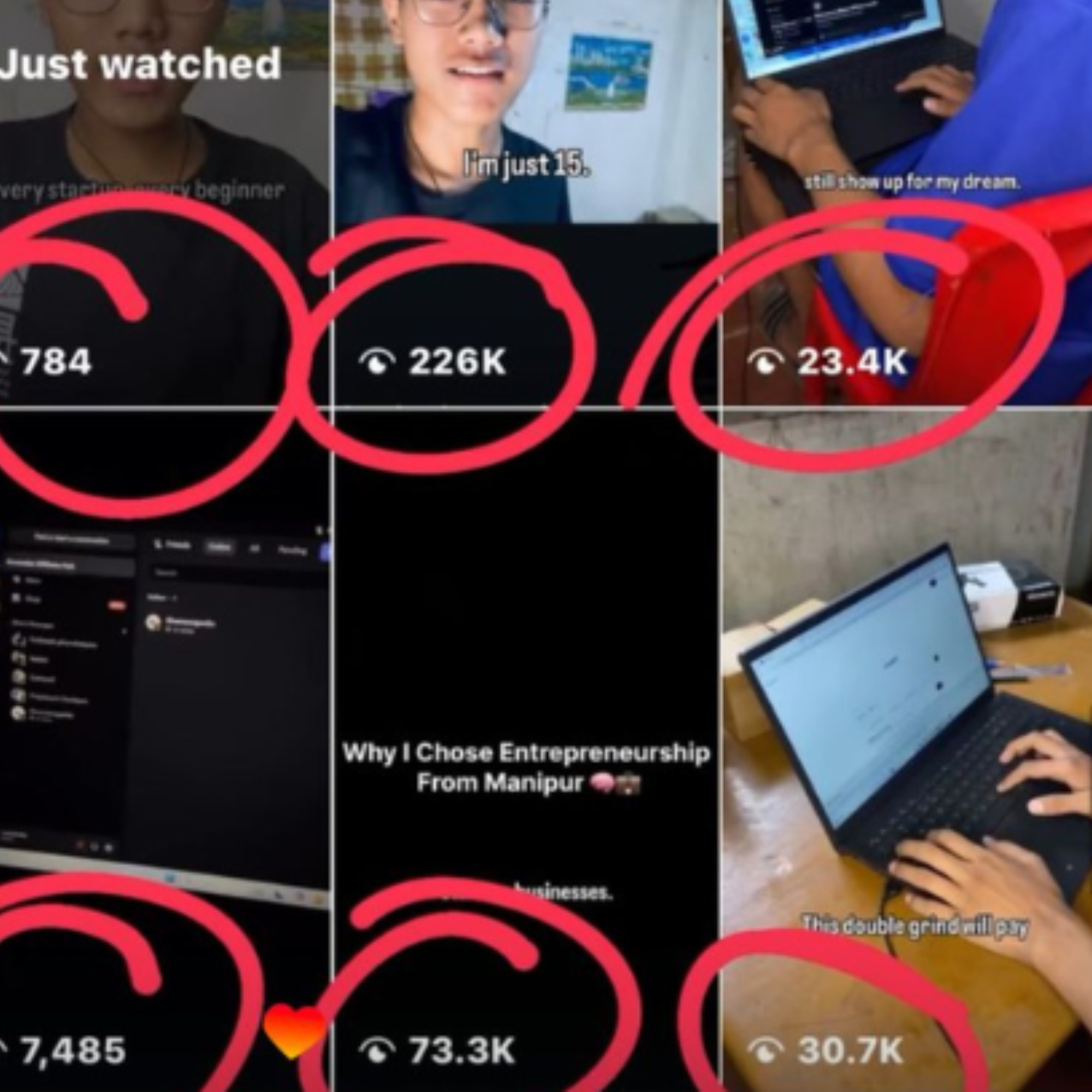 Instagram reels grid showing 226K, 73.3K and other high view counts
