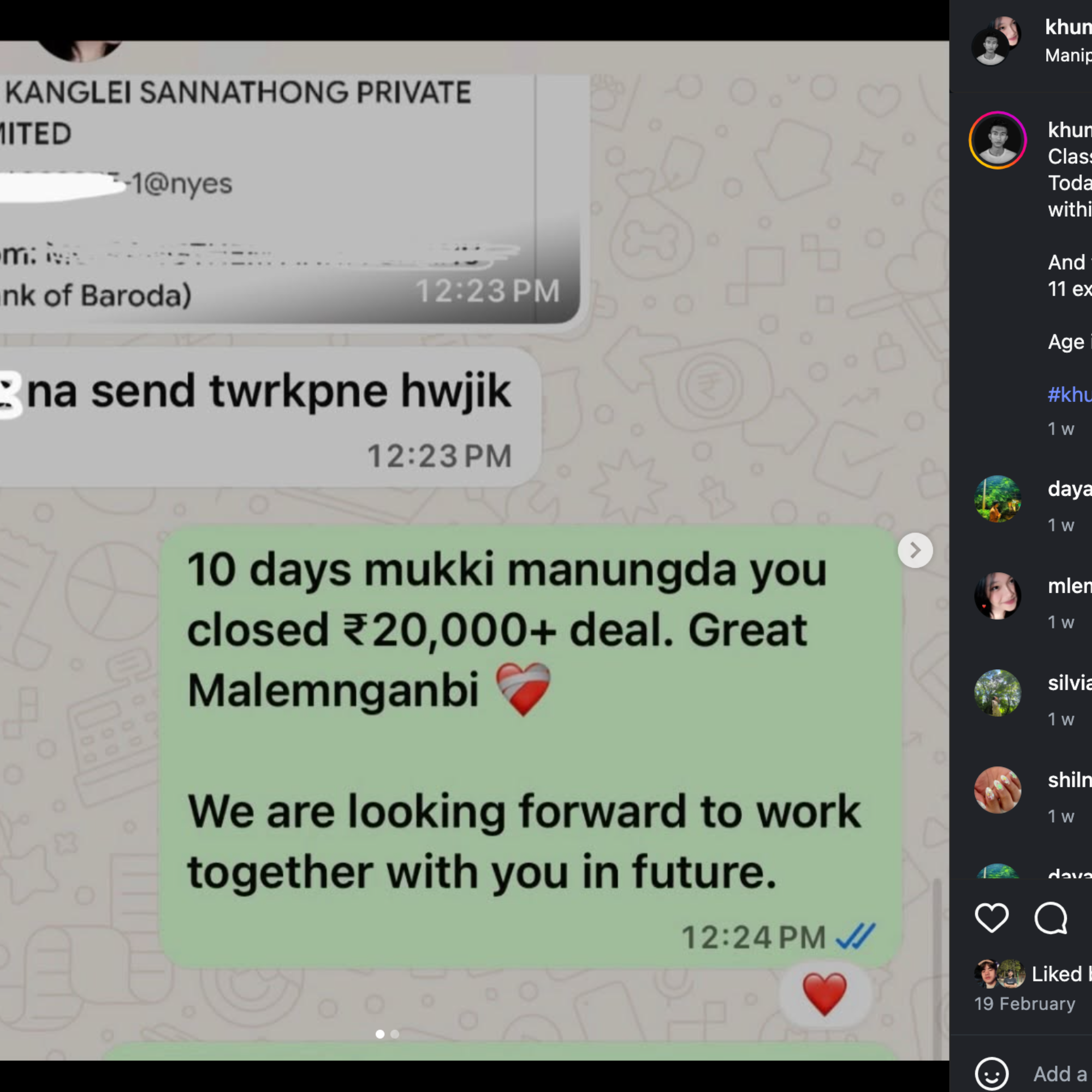Message congratulating a trainee on closing a ₹20,000+ deal