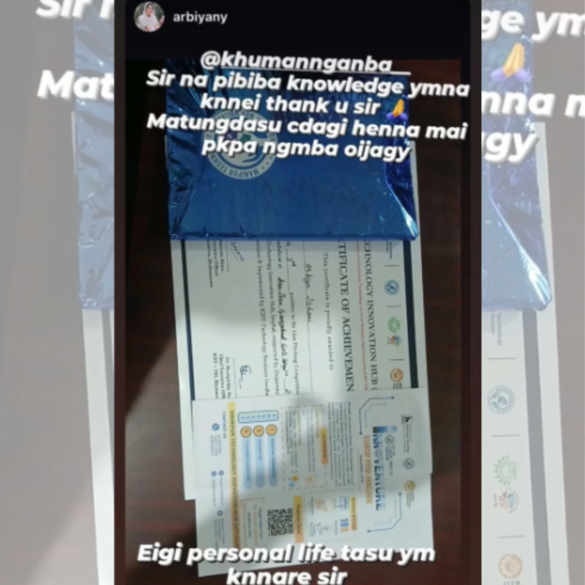 Instagram story thanking Khumannganba with a certificate of achievement